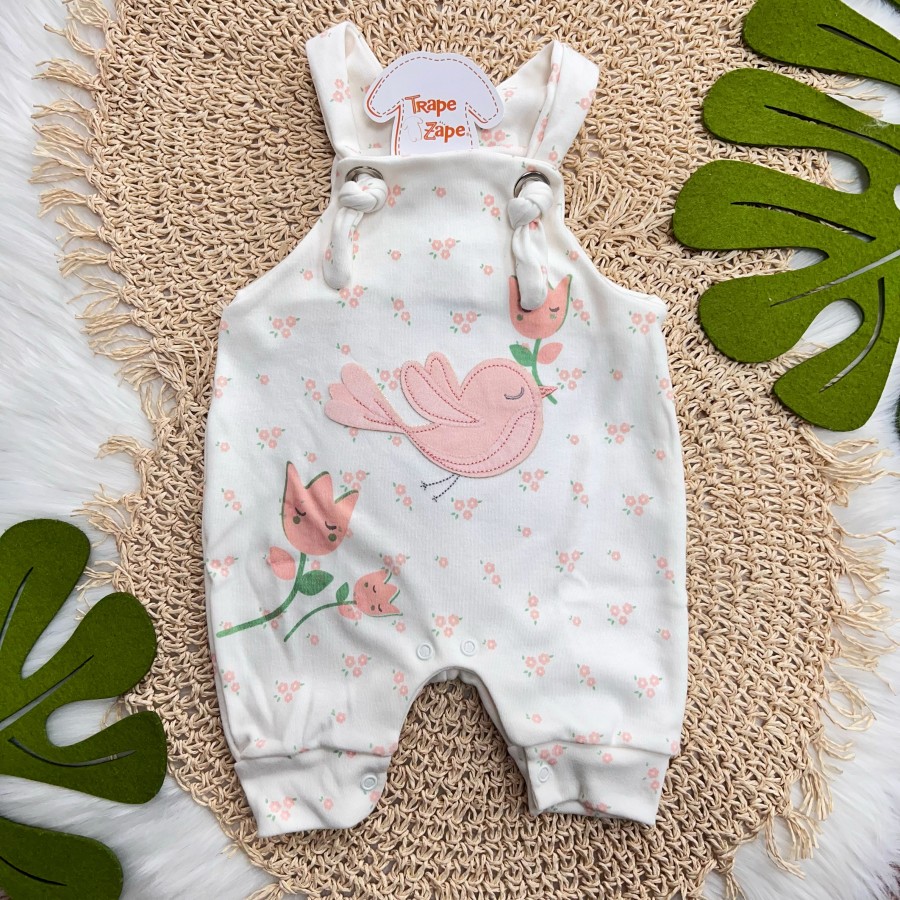  Jardineira Nózinho - Passarinha com Flores - Off White e Rose